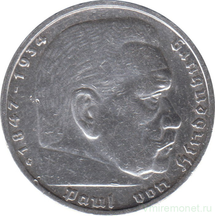 Монета. Германия. Третий Рейх. 5 рейхсмарок 1936 год. Монетный двор - Карлсруэ (G). Старый тип. ав. Монета. Германия. Третий Рейх. 5 рейхсмарок 1936 год. Монетный двор - Карлсруэ (G). Старый тип.