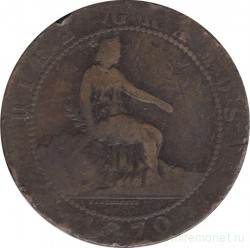 Монета. Испания. 10 сентимо 1870 год.