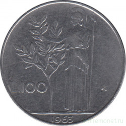 Монета. Италия. 100 лир 1963 год.