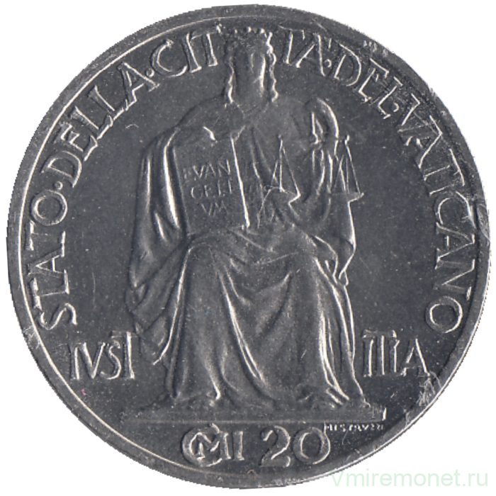 Монета. Ватикан. 20 чентезимо 1942 год.