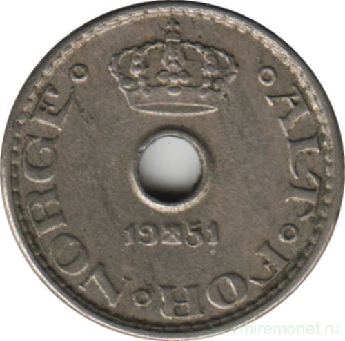 Монета. Норвегия. 10 эре 1951 год. (старый тип)