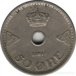 Монета. Норвегия. 50 эре 1949 год.