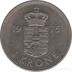 Монета. Дания. 1 крона 1975 год.
