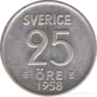 Монета. Швеция. 25 эре 1958 год.