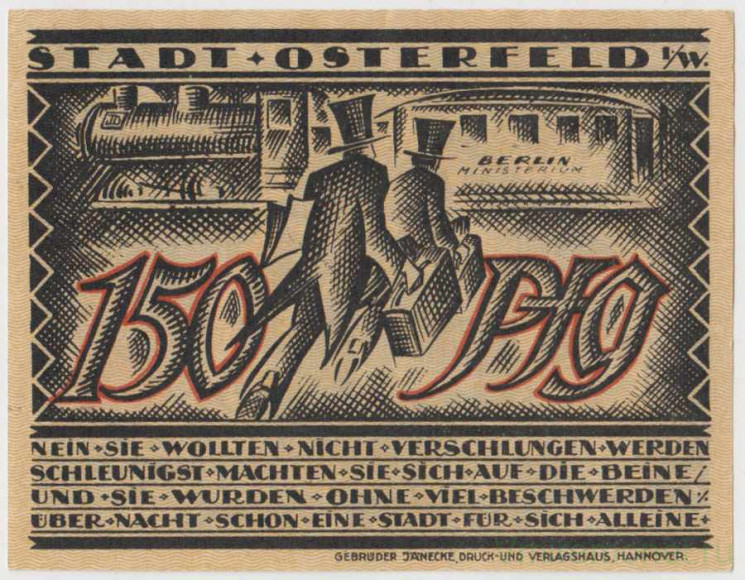 Бона. Нотгельд. Германия. Город Остерфельд. 150 пфеннигов 1921 год. Вариант 1033.1.4.1.