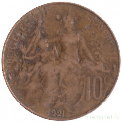 Монета. Франция. 10 сантимов 1921 год. Без отверстия.