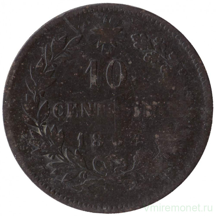 Монета. Италия. 10 чентезимо 1863 год.