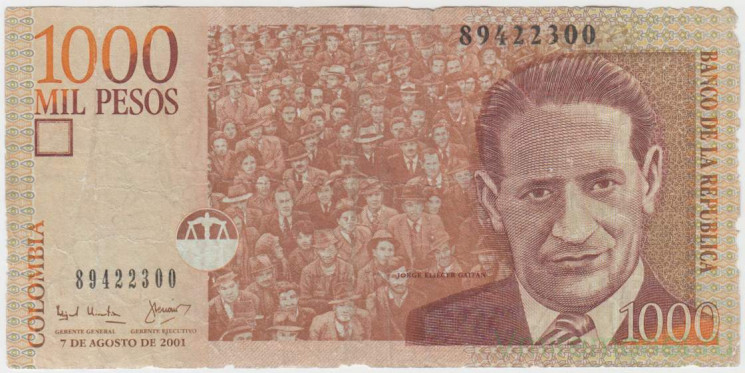 Банкнота. Колумбия. 1000 песо 2001 год. Тип 450а.
