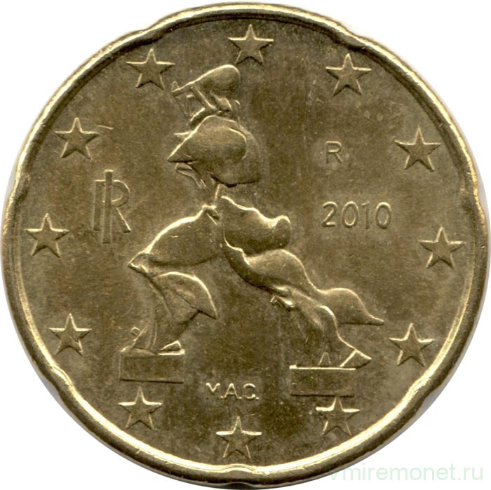 Монета. Италия. 20 центов 2010 год.