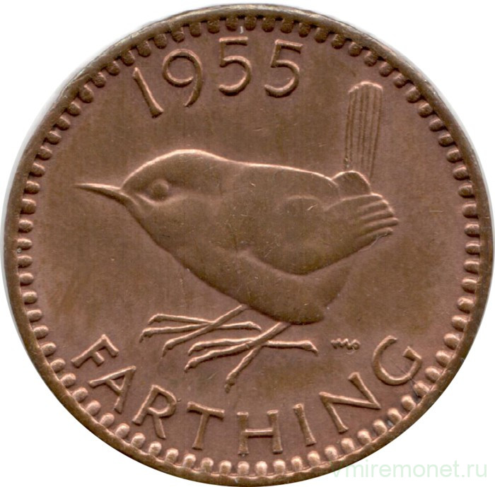 Монета. Великобритания. 1 фартинг 1955 год.