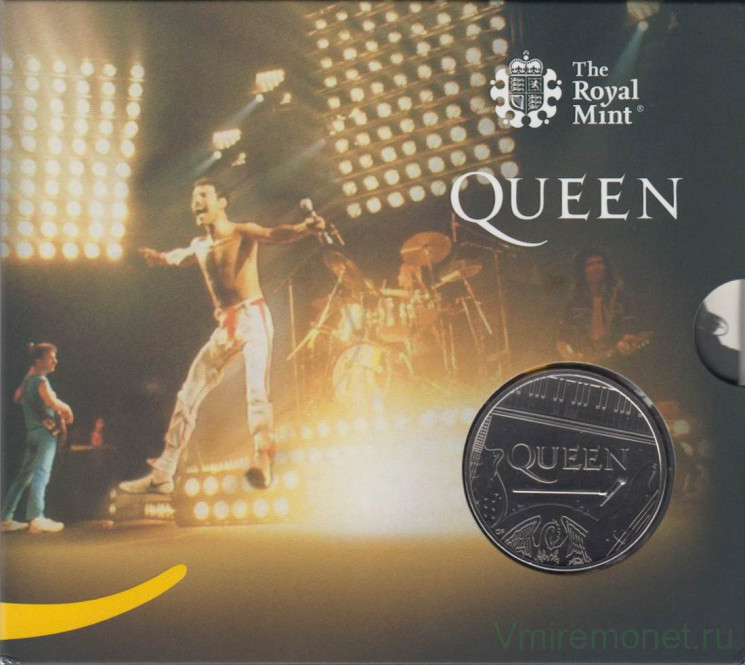 Монета. Великобритания. 5 фунтов 2020 год. Группа "Queen". "Live At Wembley". В буклете, с плакатом.