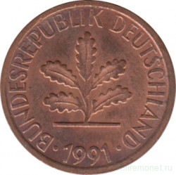Монета. ФРГ. 1 пфенниг 1991 год. Монетный двор - Карлсруэ (G).