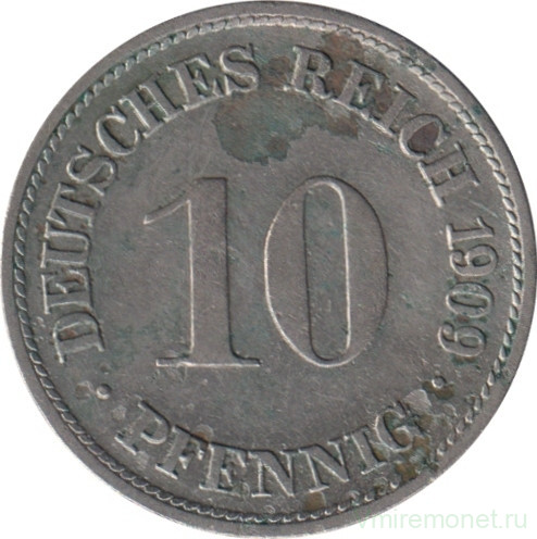 Монета. Германия (Германская империя 1871-1922). 10 пфеннигов 1909 год. (D).