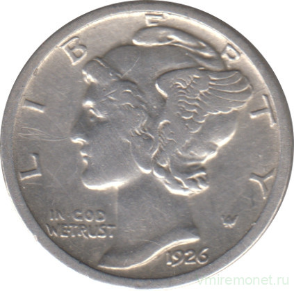 Монета. США. 10 центов 1926 год.