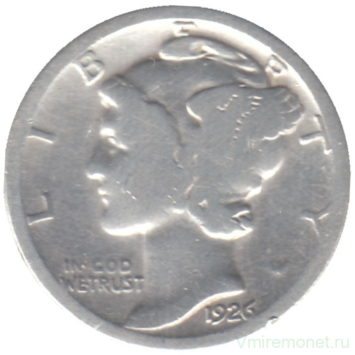 Монета. США. 10 центов 1926 год. Монета. США. 10 центов 1926 год.