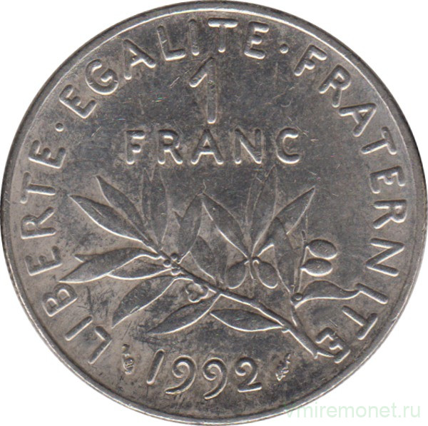 Монета. Франция. 1 франк 1992 год.