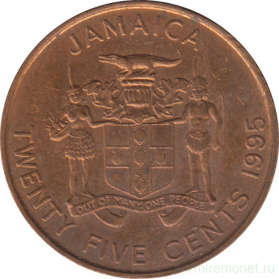 Монета. Ямайка. 25 центов 1995 год.