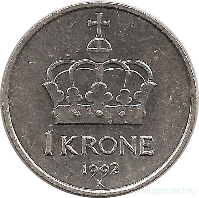 Монета. Норвегия. 1 крона 1992 год.