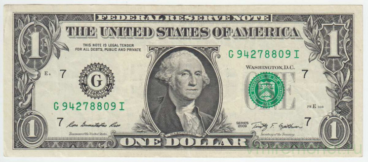 Банкнота. США. 1 доллар 2009 год. Серия G. Тип 530.