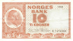Банкнота. Норвегия. 10 крон 1968 год. Тип 31d.