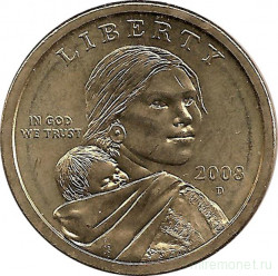 Монета. США. 1 доллар 2008 год. Сакагавея, парящий орел. Монетный двор D.
