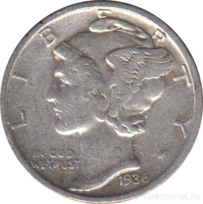 Монета. США. 10 центов 1936 год. Монетный двор S.