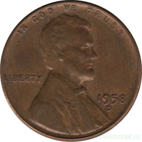 Монета. США. 1 цент 1958 год. Монетный двор D.