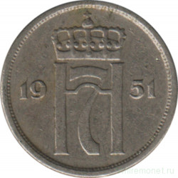 Монета. Норвегия. 10 эре 1951 год. (новый тип)