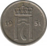 Монета. Норвегия. 10 эре 1951 год(новый тип). ав.