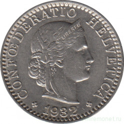 Монета. Швейцария. 20 раппенов 1932 год.