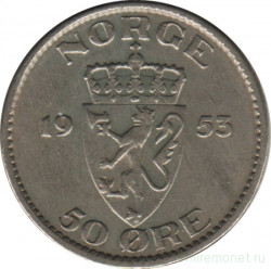Монета. Норвегия. 50 эре 1953 год.