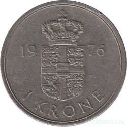 Монета. Дания. 1 крона 1976 год.
