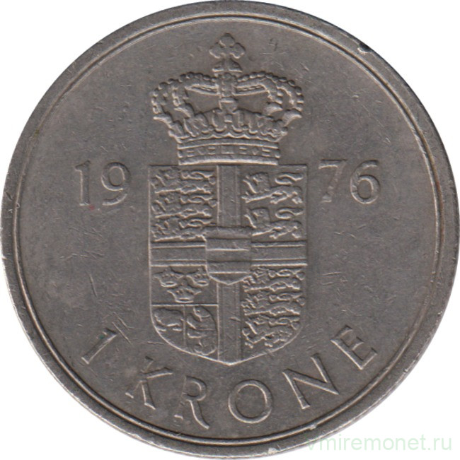 Монета. Дания. 1 крона 1976 год.