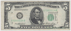 Банкнота. США. 5 долларов 1950 год. (А). Серия G.