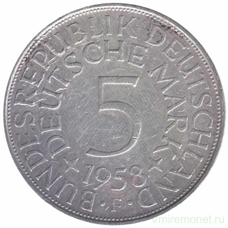 Монета. ФРГ. 5 марок 1958 год. Монетный двор - Штутгарт (F).