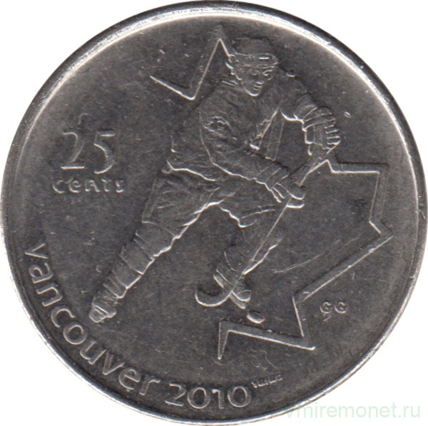 Монета. Канада. 25 центов 2007 год. XXI зимние Олимпийские игры. Ванкувер 2010. Хоккей.