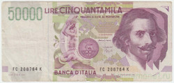 Банкнота. Италия. 50000 лир 1992 год. Тип 116b.  