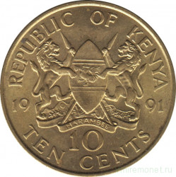 Монета. Кения. 10 центов 1991 год.