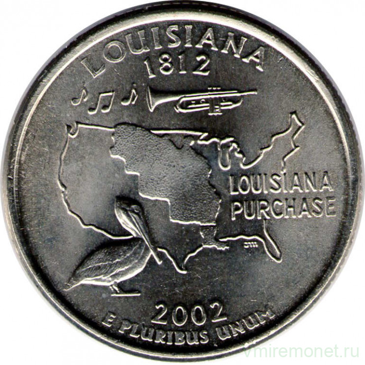 Монета. США. 25 центов 2002 год. Штат № 18 Луизиана. Монетный двор D.