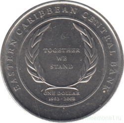 Монета. Восточные Карибские государства. 1 доллар 2008 год. 25 лет Центральному банку.
