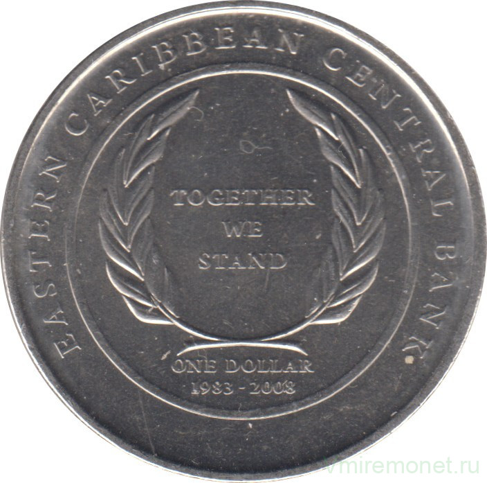 Монета. Восточные Карибские государства. 1 доллар 2008 год. 25 лет Центральному банку.