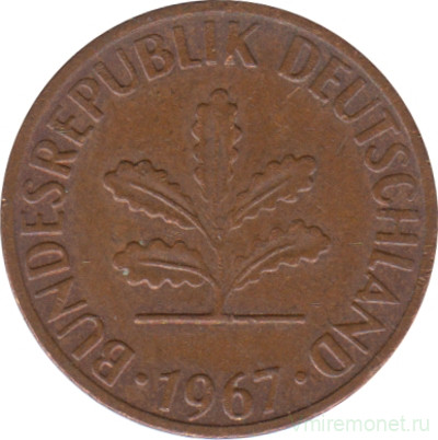 Монета. ФРГ. 1 пфенниг 1967 год. Монетный двор - Штутгарт (F).
