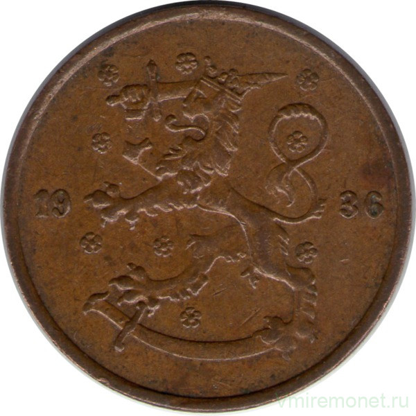 Монета. Финляндия. 5 пенни 1936 год.