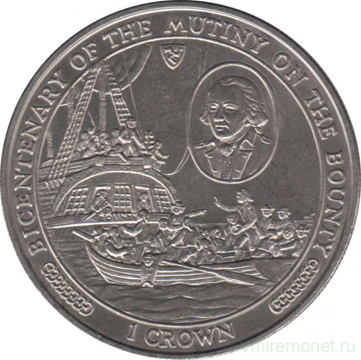 Монета. Великобритания. Остров Мэн. 1 крона 1989 год. 200 лет мятежу на "Баунти". Портрет Уильяма Блая.