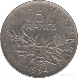 Монета. Франция. 5 франков 1994 год. Аверс - дельфин (знак гравёра).