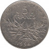 Монета. Франция. 5 франков 1994 год. Аверс - дельфин (знак гравёра). ав.