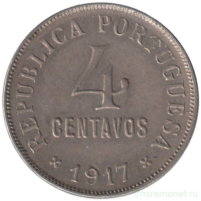 Монета. Португалия. 4 сентаво 1917 год.