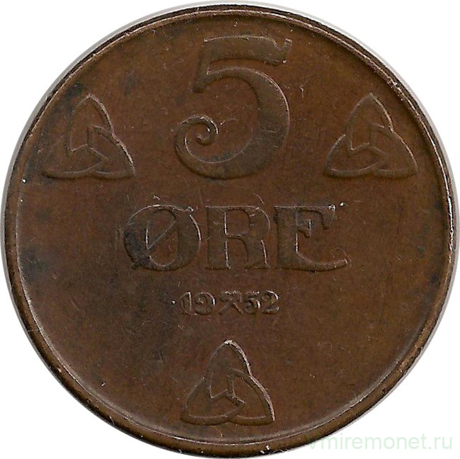 Монета. Норвегия. 5 эре 1952 год. (старый тип)