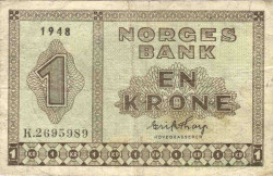 Банкнота. Норвегия. 1 крона 1948 год. Тип 15b.