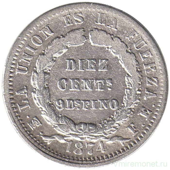 Монета. Боливия. 10 сентаво 1874 год.
